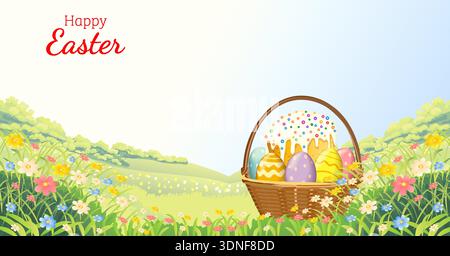 Easter horizontal vector illustration with traditional cake and painted eggs in wicker basket on blooming spring field and copy space for text. Stock Vector