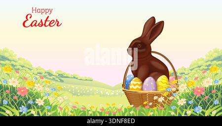 Easter horizontal vector illustration with chocolate bunny in wicker basket with painted Easter eggs on blooming spring field and copy space for text. Stock Vector