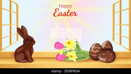 Easter horizontal vector illustration with chocolate bunny, eggs and spring flowers on sunny windowsill with morning light and copy space for text. Stock Vector