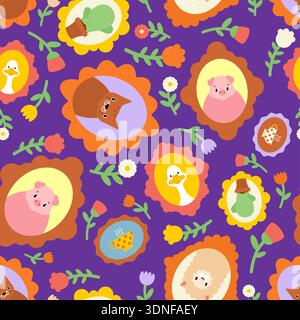 Seamless pattern with cute cats, dogs, pigs and cacti in vintage floral frames on teal. Folk art style nursery wallpaper. Vector illustration for kids Stock Vector