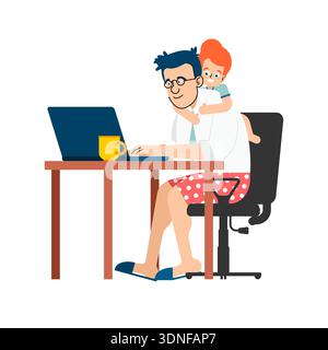 Freelance father working on laptop with a child on his shoulders. Remote work and parenting balance concept. Flat vector illustration of home office l Stock Vector