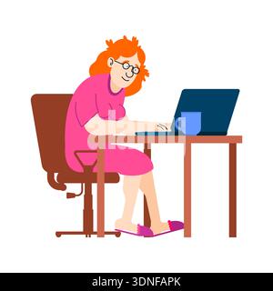 Freelance woman working on laptop at her desk. Remote work, home office and digital nomad concept. Flat vector illustration of a productive girl isola Stock Vector