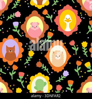 Cute pets and cactus in vintage floral frames. Seamless pattern and icons with cats, dogs, and pigs. Folk art style illustration for nursery and greet Stock Vector