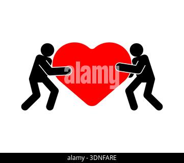 Two people holding a large red heart together. Concept of love, romantic relationship, and mutual support. Minimalist flat vector illustration for Val Stock Vector