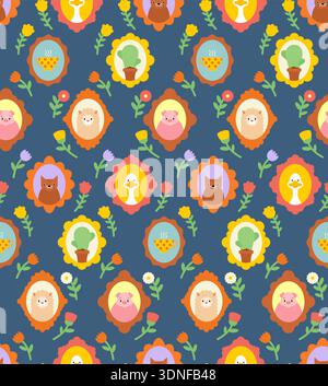 Seamless pattern with pets and plants in vintage floral frames on dark blue. Cute cat, dog, pig and cactus characters. Retro folk art style for nurser Stock Vector