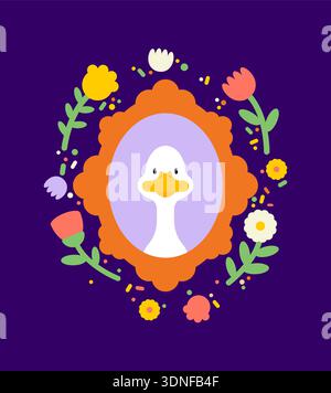 Cute white goose head in a vintage floral frame on purple background. Folk art style illustration with flowers for greeting cards, stickers and nurser Stock Vector