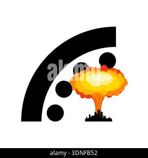Doomsday Clock icon with a nuclear mushroom cloud explosion inside. Concept of global catastrophe, midnight deadline, and nuclear threat. Flat vector Stock Vector