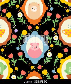 Seamless pattern with cute sheep, pigs and flowers in vintage frames on black. Folk art style nursery wallpaper. Vector illustration for kids textile Stock Vector
