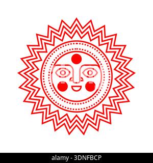 Red sun symbol with a face in Slavic folk art style. Traditional ethnic ornament, pagan solar sign. Vector illustration for embroidery, print and cult Stock Vector