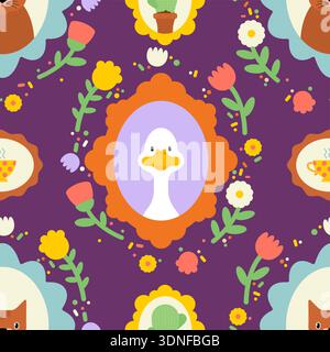 Seamless pattern with white geese and spring flowers in vintage frames on purple. Folk art nursery wallpaper. Vector illustration for kids textile, fa Stock Vector