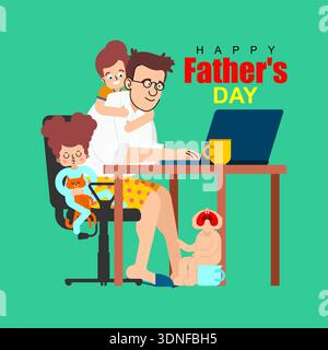Happy Father's Day concept. Freelance dad working on laptop with kids on his shoulders. Remote work and parenting balance illustration Stock Vector