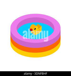 Small inflatable swimming pool with a yellow rubber duck inside. Summer vacation, childhood, and water fun concept. Colorful flat vector illustration Stock Vector