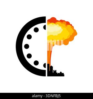 Doomsday Clock icon with a nuclear mushroom cloud explosion. Concept of global catastrophe, deadline, and nuclear threat Stock Vector