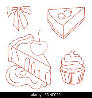 Hand-drawn desserts illustrations, frosted cupcake, cheesecake with berries and cheesecake with chocolate sauce and a bow  Stock Vector