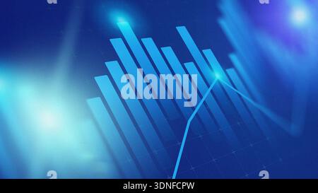 Data visualization shows a bar graph with upward trends on a blue background Stock Photo