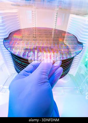 Gloved hand holding a Silicon Wafer in plastic holder box used in electronics for the fabrication of integrated circuits Stock Photo