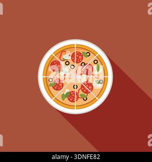 Sliced pepperoni pizza meal in flat style isolated on red background Stock Vector