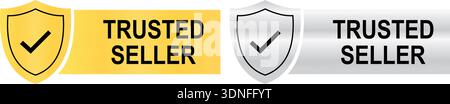 Trusted seller badges with shield icons and verification checkmarks Stock Vector