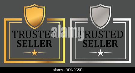 Trusted seller verification badges with shield icons and star symbols Stock Vector