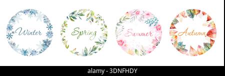 Seasons of the year round frames. Hand drawn. Not AI, vector illustration. Stock Vector