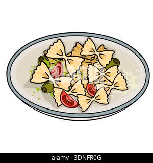 Farfalle pasta with olives and tomato slices in a plate, vector illustration Stock Vector