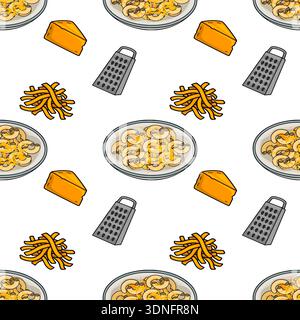 Macaroni and cheese preparation vector seamless pattern with cheese block and grater Stock Vector