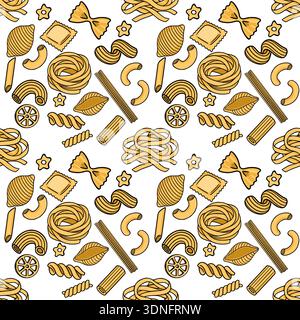 Seamless vector pattern of various golden pasta shapes on a white background Stock Vector