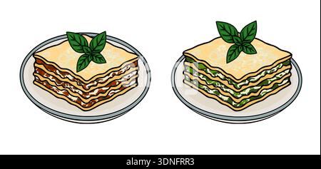 Set of two delicious lasagna vector illustrations with basil leaves on plates Stock Vector