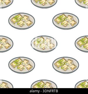 Seamless vector pattern of delicious ravioli with grated cheese and herbs on plates Stock Vector