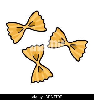 Three golden farfalle pasta shapes vector illustration, isolated on white background Stock Vector