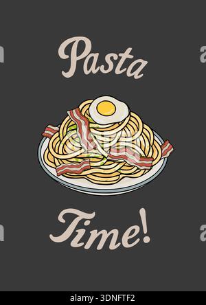 Delicious pasta with bacon and fried egg illustration, vector poster Stock Vector