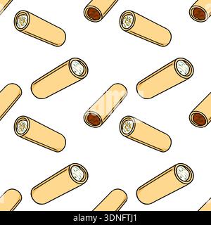 Seamless vector pattern of delicious cannelloni pasta with creamy filling and meat sauce, isolated on white background. Stock Vector