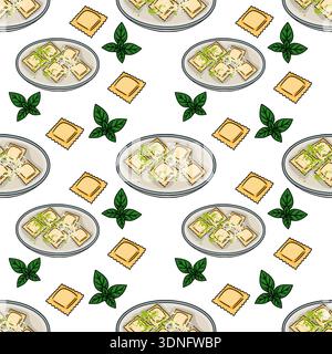 Seamless vector pattern of delicious ravioli with cheese and basil, Italian food illustration Stock Vector