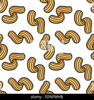 Seamless vector pattern of golden pasta shapes with ribbed texture on white background Stock Vector