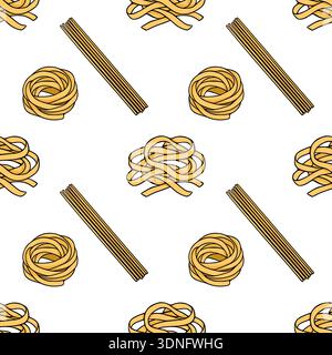 Seamless vector pattern of golden pasta nests and spaghetti sticks, Italian food illustration Stock Vector