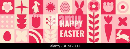 Pastel easter collage with bunny motifs, bold pink cream tiles, stylized eggs, carrots, flowers, rabbit silhouettes, sunburst icon, flat minimalist sh Stock Vector