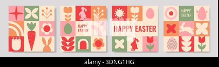 Whimsical spring easter tile set showcasing carrot rainbow arch motifs pastel eggs tulip blooms rounded shapes soft retro palette perfect for boutique Stock Vector