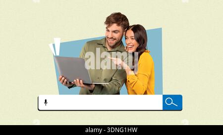 Collage of Two People Smiling and Looking at a Laptop With Excitement During an Online Search Stock Photo