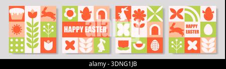 Playful pastel easter tile collage featuring geometric icons bunny egg flower cake square panels cheerful retro palette designed for greeting card use Stock Vector