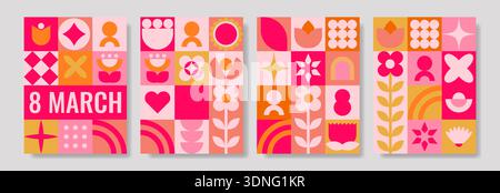 Bold pink march celebration grid mixing floral hearts tulip motifs with retro geometric blocks highcontrast palette cozy festive energy ideal for wome Stock Vector