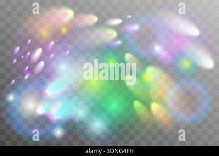 Rainbow prism reflection with holographic glass dispersion, crystal lens flares and soft light leaks forming transparent overlay effects on light background for modern visual compositions vector illustration Stock Vector