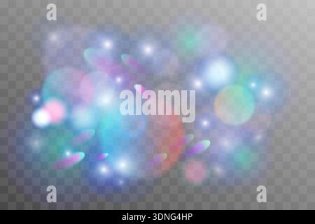Colorful crystal rainbow light flares and glowing lens overlay elements with holographic refraction, soft blur and transparent spectrum effects designed for modern visual compositions vector illustration Stock Vector