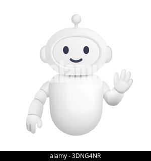 Friendly 3d chatbot mascot character with a smiling face and waving hand, designed for technology, customer support, and AI concepts, isolated on white background vector illustration Stock Vector