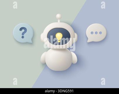 Cute 3d chatbot robot with glowing lightbulb face, surrounded by question and chat icons, representing online support and AI communication vector illustration Stock Vector