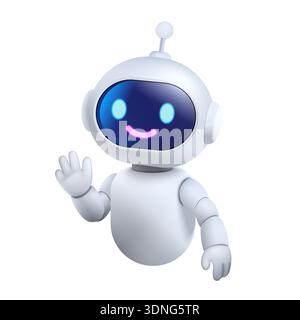 Cute futuristic AI robot character with a smiling face and waving hand, designed in a glossy 3D style, isolated on white background vector illustration Stock Vector