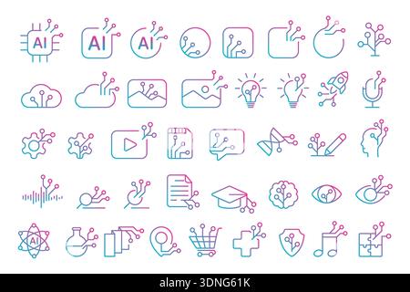 Modern generative AI icons with gradient lines, featuring symbols for music, image, chat, magic, and automation, ideal for digital and creative technology projects vector illustration Stock Vector
