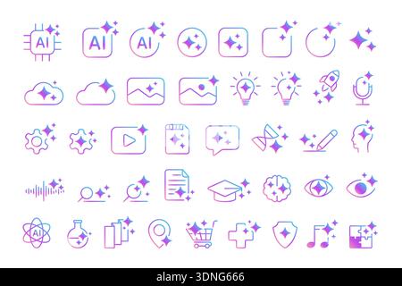 Modern generative AI icon set with gradient line style, featuring symbols for music, image, magic, stars, chat, and automation, ideal for digital tools and branding vector illustration Stock Vector