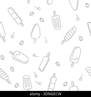 Seamless pattern of hand drawn ice cream, popsicles, strawberries, and cherries in simple line art style, isolated on white background vector illustration Stock Vector