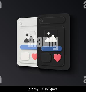 Modern user interface mockup showing light and dark mode layouts, featuring minimal elements, icons, and interactive buttons for web or app design vector illustration Stock Vector
