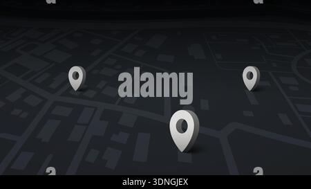 Modern city map in dark style with three GPS location pins marking urban streets, ideal for navigation, travel, and route planning concepts vector illustration Stock Vector